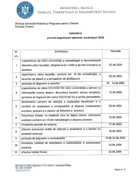 Metodologia privind organizarea taberelor studențești de vară și documentația aferentă